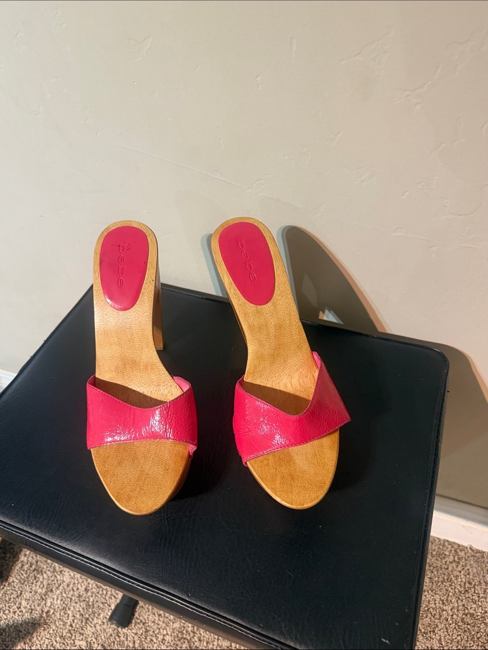 bebe Pink Leather Slide Mules with Wood-Effect Footbed NWOB